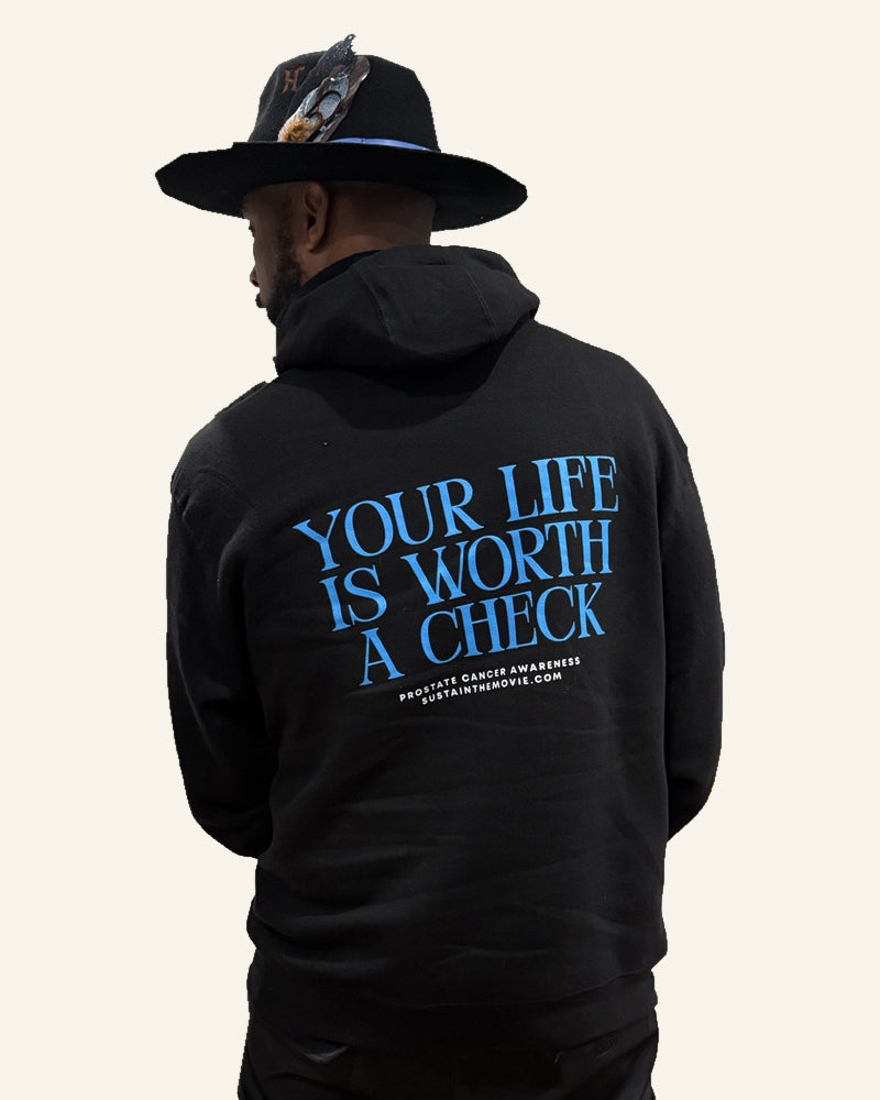 Original photograph of Montell showing the back of the Sustain hoodie, with background removed